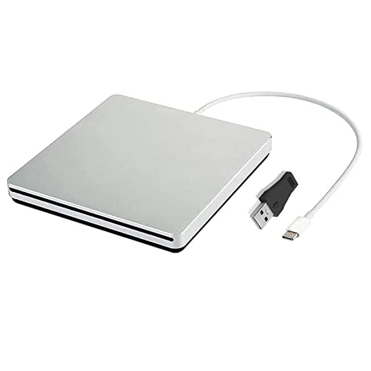 External CD DVD Drive Burner/Portable/Slim/ Reader/Type-c/USB-C Drive(Equipped with USB 3.0 Adapter and Storage Bag) for MacBook Pro/PC/Mac/Laptop/Air Windows7/ Windows8 /Windows10 (Sliver)