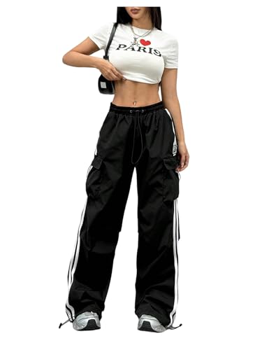 Verdusa Women's Striped Wide Leg Baggy Cargo Pants Drawstring Waist Workout Pants with Pockets