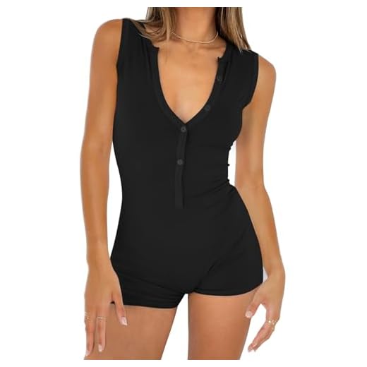 CHYRII Feminino Macacão Com Decote Em V, Macacão Justo Para Ioga, Treino, Sem Mangas, Shorts, Body, Peça Única, Preto, Tamanho Gg