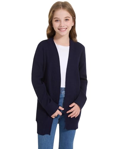 Image of WULFUL Girls Long Sleeve Cardigan Kids Casual Open Front Oversized Sweater with Pockets