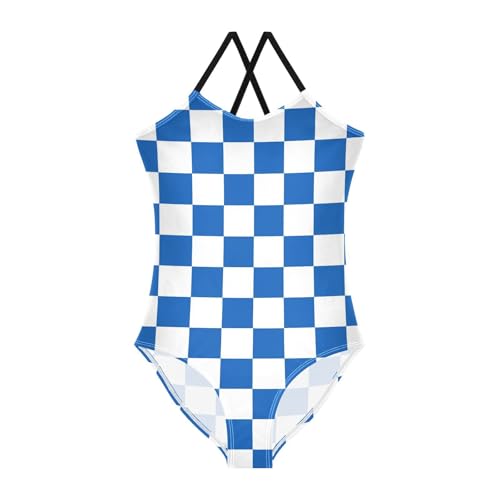 Image of Black and White Chess Girls One Piece Swimsuits Board Marble Tile Sport Halter Swimwear Beach Bathing Suit 3T