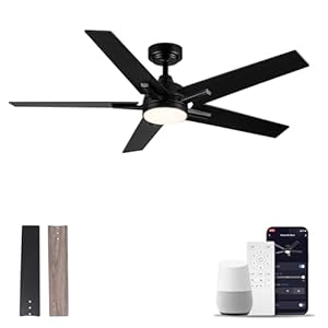 52 Inch Ceiling Fan, Smart Ceiling Fan with Remote/APP, Black Ceiling Fan with 6-Speeds Reversible Motor, Alexa Ceiling Fan with 5 Two-sided Blades Dimmable Noiseless for Indoor Bedroom/Outdoor