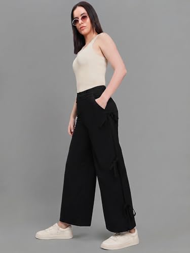 Image of GO COLORS Mostlysane Collection Cotton Pleated Pants Full Length for Women | Mid Rise, Baggy Fit, Solid