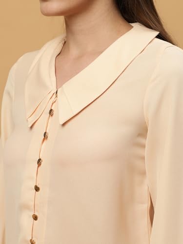 Image of BEATNIK Womens Solid Color Fashion Full Sleeve Peter Pan Collar Woven Spring Summer Casual Loose T Shirts Tops