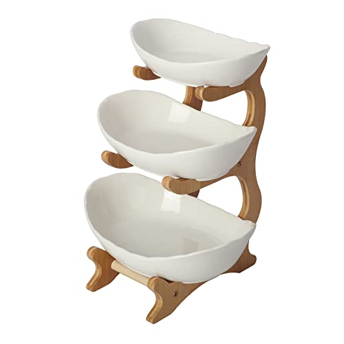 Aiwfl Fruit Dish 3 Tier Fruit Basket White Ceramic Fruit Bowl Fruit Plate With Wooden Holder Fruit Serving Tray Dessert Serving Stand Home Oval Bowl For Fruits Snacks Nuts Bread Candy Storage Holder #TOP5