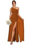 Augday Women's Western One Shoulder Bridesmaid Dresses Burnt Orange Long 2023 for Wedding Corset Back Side Slit Chiffon Bridesmaid Dress with Pockets 10
