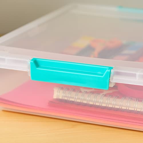 Iris Usa 6 Quart Large Clip Box, 4 Pack, Clear Plastic Storage Container Bins With Latching Lids, Organizing Container For Home, Office And School Supplies, Stackable, Seafoam Blue Buckles #TOP5