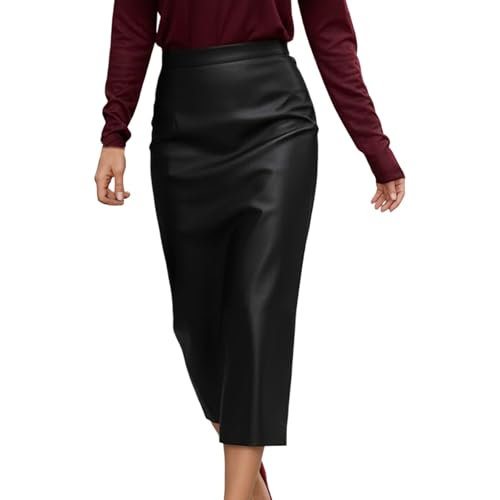 Foweknow Lederrock Damen Rock Mit Schlitz Pu Leder Röcke Rockabilly Lang Elegant Bleistiftrock Sexy Bodycon Partyrock Lederoptik Hohe Taille Midirock...