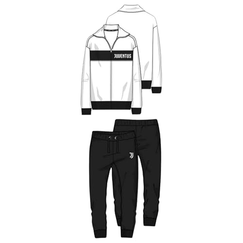 Pyjama Juventus Long Blanc Noir Garçon Homme Officiel Homewear Sweat-shirt avec Zip et Pantalon Long 2085 Combinaison Coton, Blanc, S