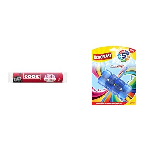 Cook Profesyonel Çöp Torbası, Jumbo Boy 80 cm x 110 cm x1 + Koroplast 5 Etkili WC Blok 2'li Beyaz Sabun Kokulu x1