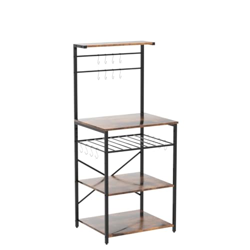 YMYNY Kitchen Baker's Rack, Microwave Oven Stand with Storage Shelves, Industrial Coffee Bar Station, with Adjustable Wine Holders and S-Hooks, Metal Frame, Rustic Brown, 59×40×143CM, HBR001H - Image 5