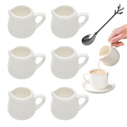 6 Pezzi Mini Brocche in Ceramica Bianca 50ml, Lattiera Piccola Ceramica con Cucchiaio, Piccole Brocche per Salsa Bianca per Latte, Caffè, Salsa, Salsa, Sciroppo