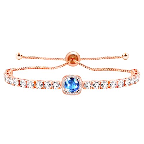 Image of Rose Plated Gold Brass Box Chain Cubic Zirconia Classic Tennis Slider Adjustable Bracelet, Round Big Zircon Charm Give Woman Mom Mother's Day Fashion Crystal Gift