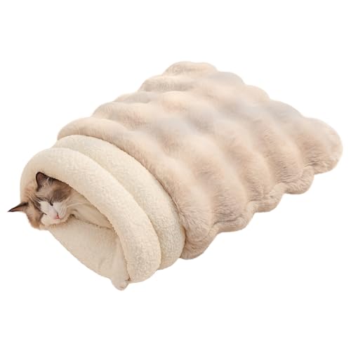 SOMAHE Self-Warming Cat Sleeping Bag, Enclosed Hooded Snuggle Sack with Dual-Side Plush Cat Cave Bed, Portable Foldable Pet Sleeping Pod for Indoor & Travel, Anti-Static, 21.7"x17.7"White