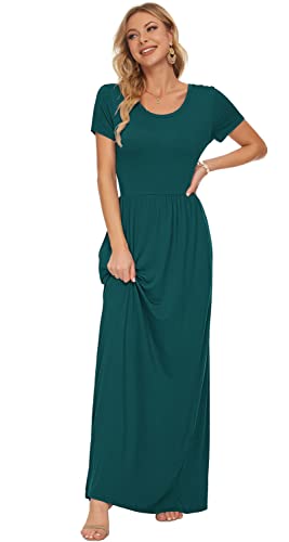 Image of AUSELILY Women's Summer Short Sleeve Loose Plain Casual Long Maxi Dresses | Year Round wear solid floral print, Casual wear, Empire waist, Floor length, Side pockets