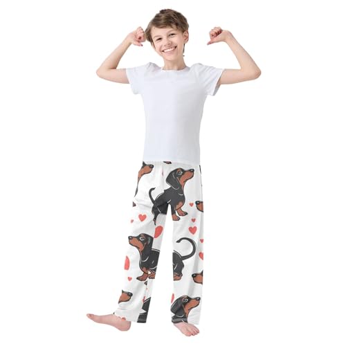 Dachshund and Love Heart Boys Long Pants Soft Trousers Elastic Waist Kids Lounge Bottoms with Pockets S-XL2