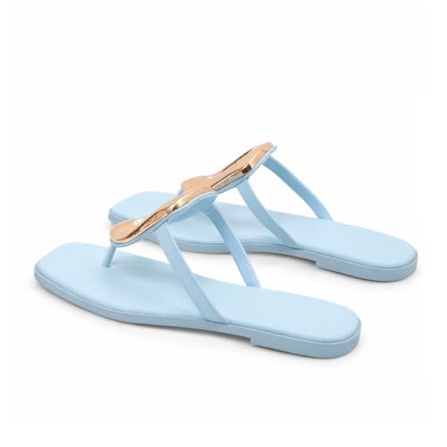 Image of Wnshonzy Flip-Flops for Women Thong Sandals Flat Slip on Slides Beach Comfort Open Square Toe Ladies Slipper Dressy Metal Hardware Decoration Summer Shoes Casual Fashion