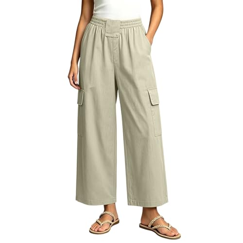 Pantalon cargo décontracté fluide à jambes larges et taille élastique pour femmes