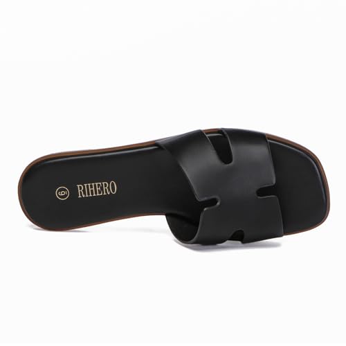 Rihero Black Flat Sandals for Women Dressy Summer Slip On Peep Toe Slide Black Sandals Size 10 — view 5