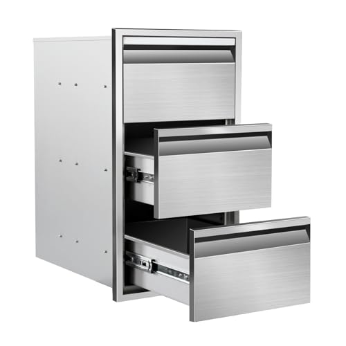 Image of Outdoor Kitchen Drawers 14 inch W x 25.4 inchH x 21 inchD Stainless Steel Drawer BBQ Triple Drawers with Hidden Handle for Outdoor Kitchen Island, Patio Grill Station