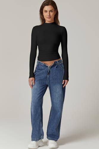 QINSEN Womens Mock Neck Long Sleeve Shirt Double Lined Basic Tees Side Ruched Going Out Crop Tops4