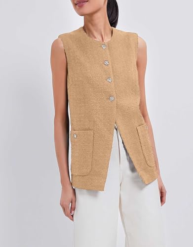 Women Sleeveless Blazer Vest Summer Button Down Round Neck Tweed Suit Vest Business Office Casual Work Waistcoat2