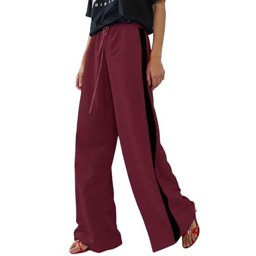 Rapbin Women's Leopard Wide Leg Pants Casual Side Striped High Waisted Palazzo Trousers with Pockets Spring 2026 Wine Red Large