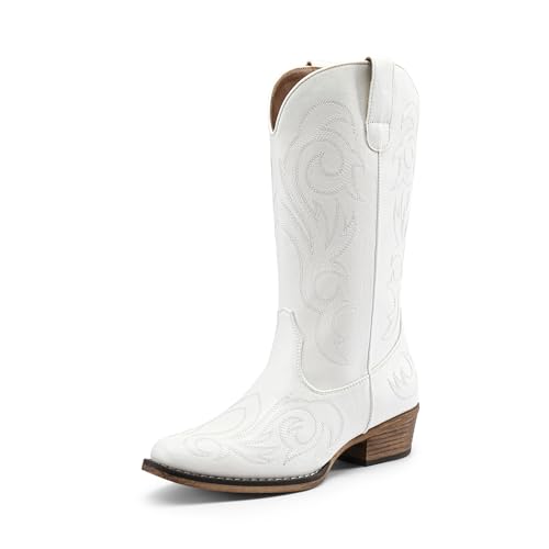 DREAM PAIRS Women's Cowboy Boots Mid Calf Cowgirl Boots Square Toe Chunky Heel Embroidery Stitched Western Boots 6 White