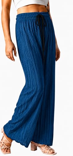 Image of Ebifin Women Pleated Palazzo Pants, Elastic Waist, Free Size, Casual Summer Wide Leg Trousers, Flowy Lightweight Lounge Pants for Travel, Vacation