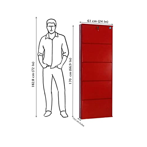 Image of DELITE KOM 24 Inch Wide, 5 Shelf Metal Shoe Rack Wall Mounted for Home with Central Lock Holds Upto 15 Shoes or 25 Slippers Pair | 1 Year Warranty | (67 x 24 x 5 Inch, Brick Red) DIY Space Saving