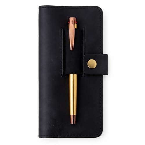 Image of Distressed Leather Checkbook Cover with Pen Holder - Handmade Executive Checkbook Wallet for Men, Women, Slim and Stylish Organizer (Black)