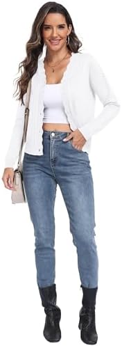 PrinStory Lightweight Long Sleeve Cardigan for Women V Neck Scalloped Edge Knit Cropped Sweater Cardigans White L - 4