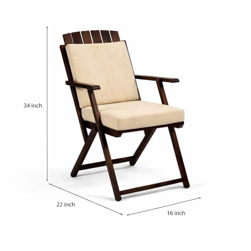 Image of WELL KNOWN Foldable Wooden Outdoor Chair with Cushioned Seat & Backrest - Patio Garden Armchair with Cream Paisley Fabric, Walnut Finish, Solid Wood, 34 Inch Height