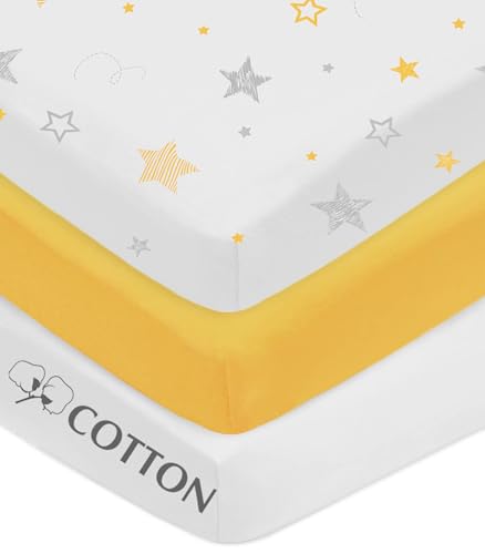 Image of American Baby Company 3 Pack 100% Natural Cotton Fitted Pack and Play Sheets 39 inch x 27 inch - Soft & Breathable Pack N Play Sheets for Playard & Mini Crib Mattress, Yellow Star /Yellow /White, for Boy & Girl