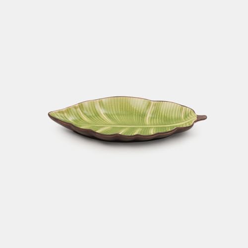 Image of Pure Home Light Green Ribbed Ceramic Leaf Platter | Premium Decorative Platters for Dining & Table Decor | Table Top Serving & Dining Decor | Ideal for Diwali & Wedding | Premium Home Decor | Pack of 1
