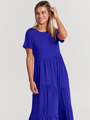 Image of ANRABESS Women Summer Maxi Dress Short Sleeve Swing Casual Asymmetric Tiered Vacation Long Beach Sundress Outfits