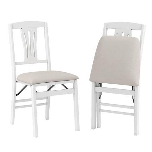 COSTWAY Folding Chairs Set of 2, Rubber Wood Counter Dining Chairs with Backrest & Padded Seat, Kitchen Office Conference Side Chair Seating (Linen Fabric Seat, Hollow Pattern Back, Beige + White)
