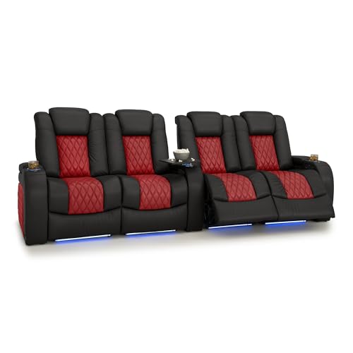 Image of Seatcraft Diamante Black /Red Italian Leather Home Theater Seating, Zero Gravity Power Recliner, Gaming and Home Office Chair, Powered Headrest Furniture for Cinema Room, Row of 4 Dual Loveseats
