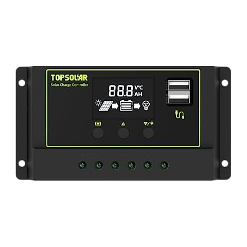 TOPSOLAR 20A 12V/24V PWM Solar Charger Controller w/ LCD Display for AGM, Gel, LiFePO₄ and Flooded Battery. Cover