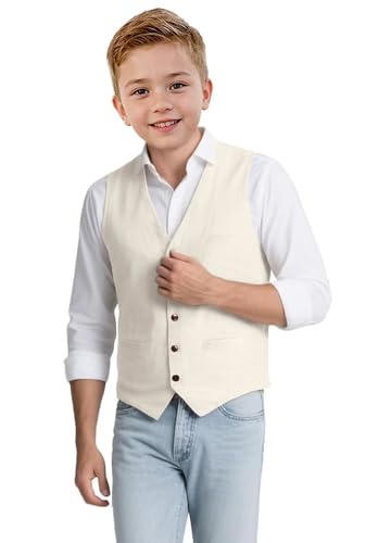 Boys Linen Vest Casual V Neck Kids Waistcoat with Pocket Boy Suit Vest for Summer Beach Wedding