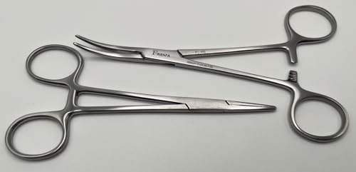 Frienfa Set of 2 Chrome Mosquito Hemostat Forceps 5"" Curved + Straight Pliers Stainless Steel