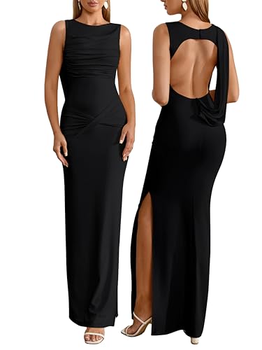 Image of Parthea Women Wedding Guest Dress Bodycon Long Sleeveless Backless Side Slit Elegant Evening Party Cocktail Maxi Dresses