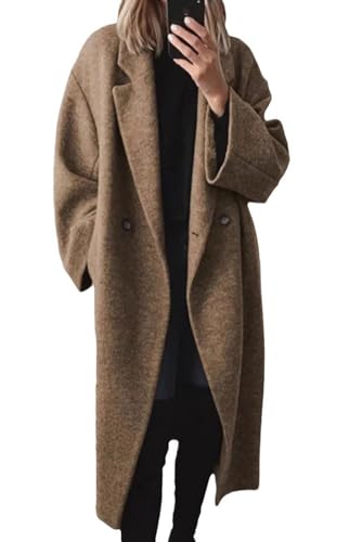 Image of loveimgs Women Winter Long Wool Pea Coat Trench Coat Woolen Jacket Button Down Peacoat Overcoat (Medium, Tan)
