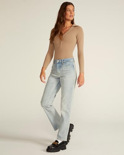 Image of BYLT Ribbed Long Sleeve Bodysuit for Women with Built-In Bra - Collared Moisture Wicking Body Suit - Fitted Thong Bodysuits