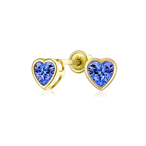 Romantic Tiny Delicate AAA CZ Cubic Zirconia Real Yellow 14K Real Gold Heart Stud Earrings For Women Teen Screw Back Simulated Gemstone Birthstone Colors