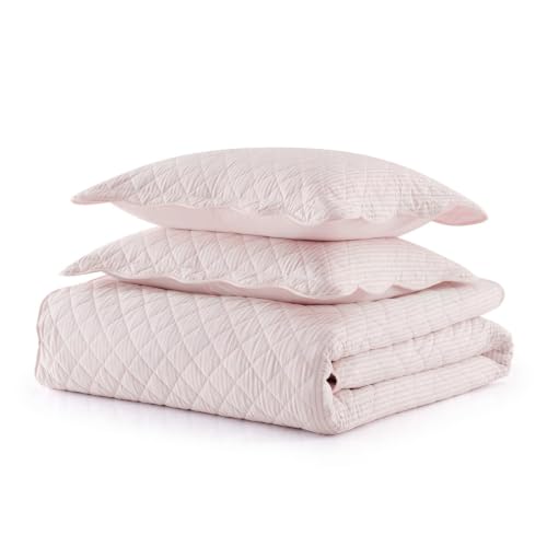 Image of Martha Stewart - King Cotton Percale Quilt with Shams, Reversible Bedding | 100% Cotton Percale, 80 /20 Cotton Blend Fill, Breathable, Reversible Stripe Design, Includes 2 Shams, Machine Washable