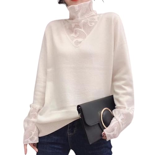 Quikaboo セーター ハイネック レディース ニット 袖レース リブ レース 長袖 トップス 高伸縮 シンプル 着痩せ カジュアル おしゃれ 通勤 春 秋 冬 タートルネック 薄手 無地 ファッション インナー 春秋冬 韓国 暖かい ストレッチ 可愛い リブ編み 大人 リブニット ニットセーター 服 秋服 かわいい オフィス タートル オシャレ デート 日常 OL 保温 (ホワイト, M)