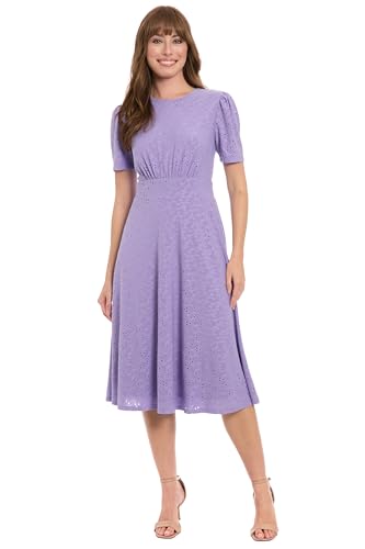 Image of London Times Women's Women's Eyelet Midi A-line Dress with Puff Sleeves - Gathered Waist Empire Cut - Wedding Guest Dress