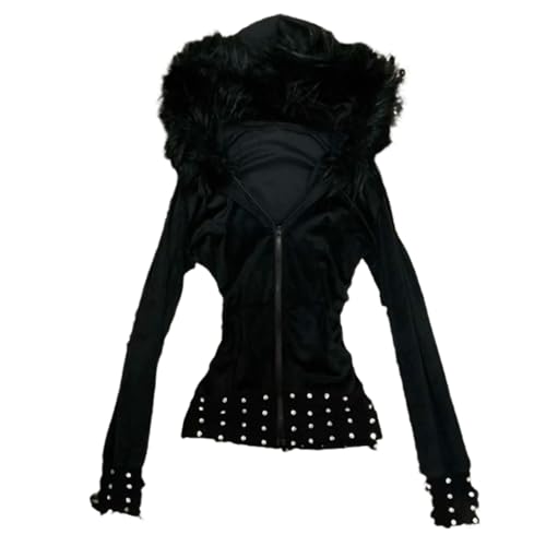 Image of GGOOB Cute Winter Crop Coats Grunge Fur Hood Zip Up Hoodie Women Teen Girls Y2k Emo Goth 2000s Sweatshirts (Large,Black Silver)