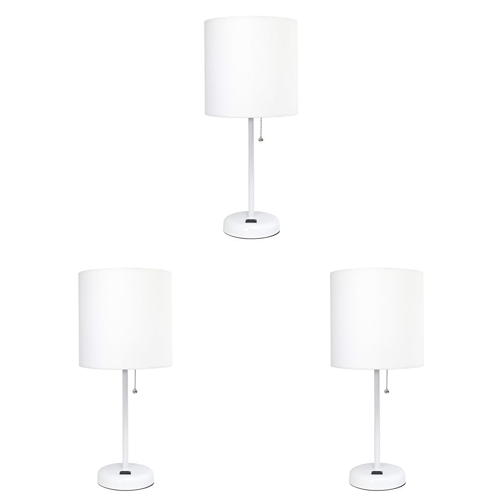 Simple Designs LT2024-WOW White Stick Table Desk Lamp with Charging Outlet and Drum Fabric Shade, White Shade